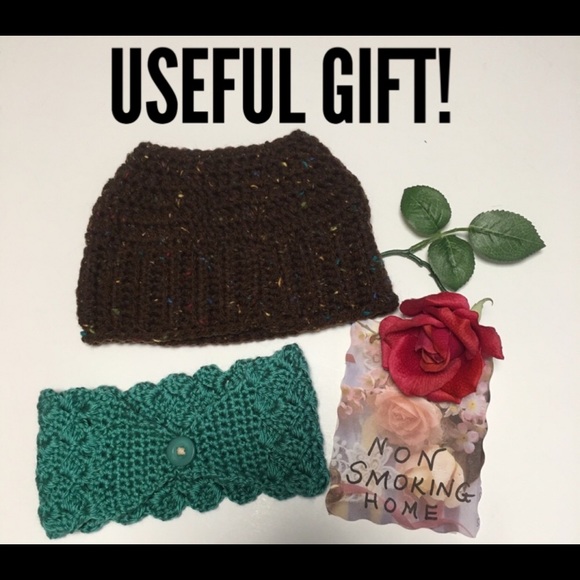 PONYTAIL TOBOGGAN BEANIE BROWN SPECKLED & GREEN HEADBAND HANDMADE - Picture 4 of 7